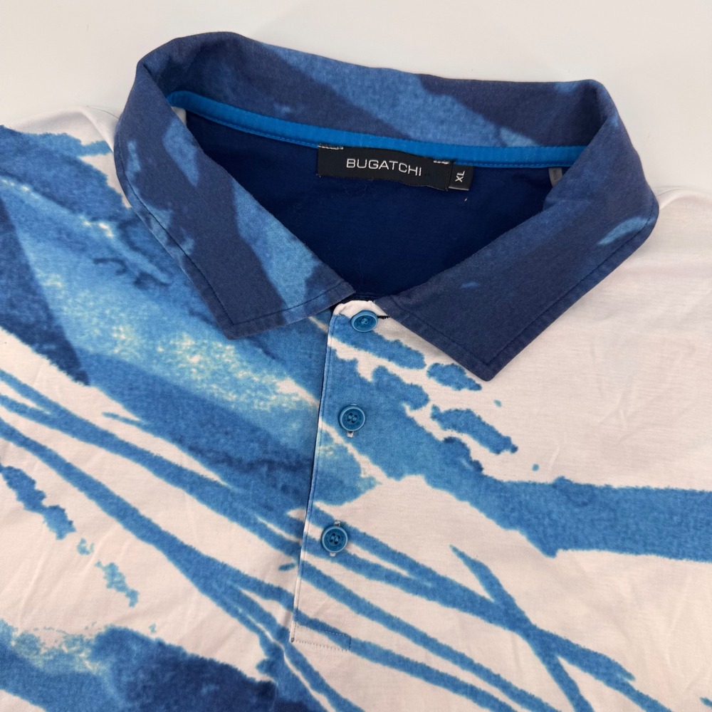 Bugatchi Polo Shirt Mens XL Blue White Abstract Mercerized Cotton Short Sleeve